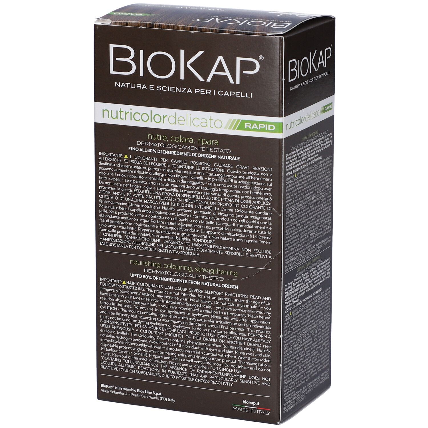 BIOKAP Nutricolor Delicato Rapid. Retro della scatola. Testo multilingue. Dermatologicamente testato.