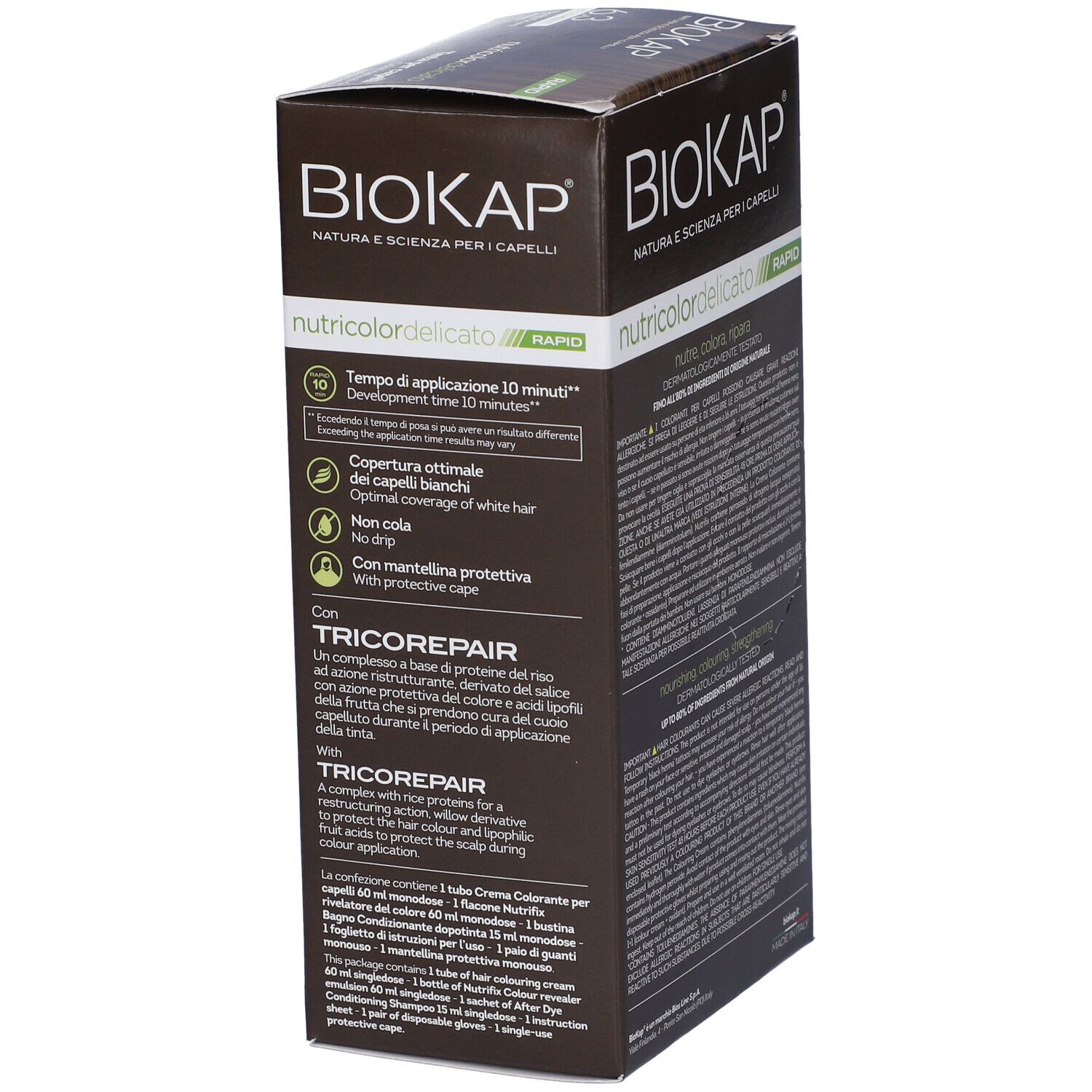 BIOKAP Nutricolor Delicato Rapid. Retro della scatola. Testo multilingue. Tempo di posa 10 minuti.