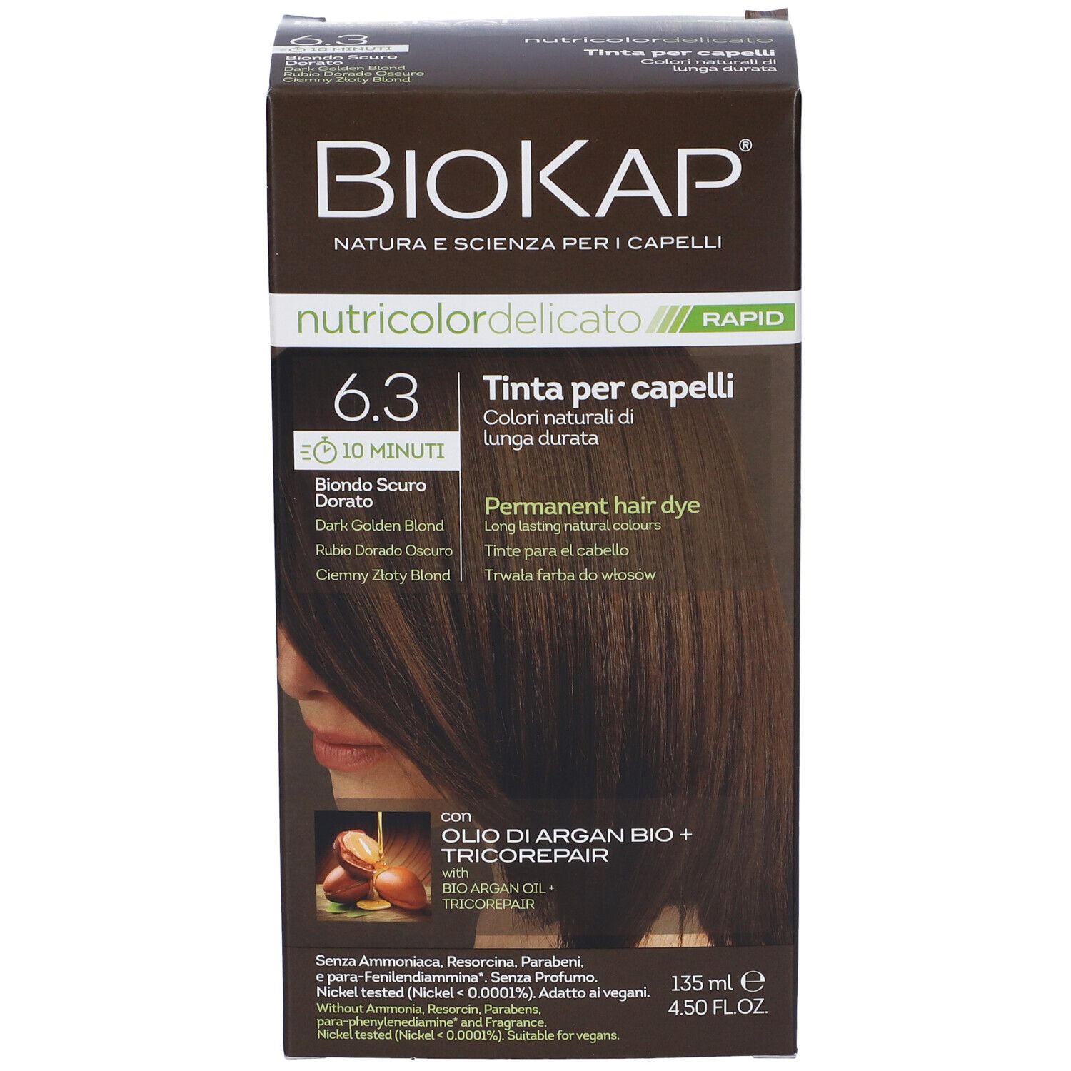 BIOKAP Nutricolor Delicato Rapid 6.3. Tinta per capelli in scatola. Biondo scuro dorato. Con olio di Argan e Tricorepair.