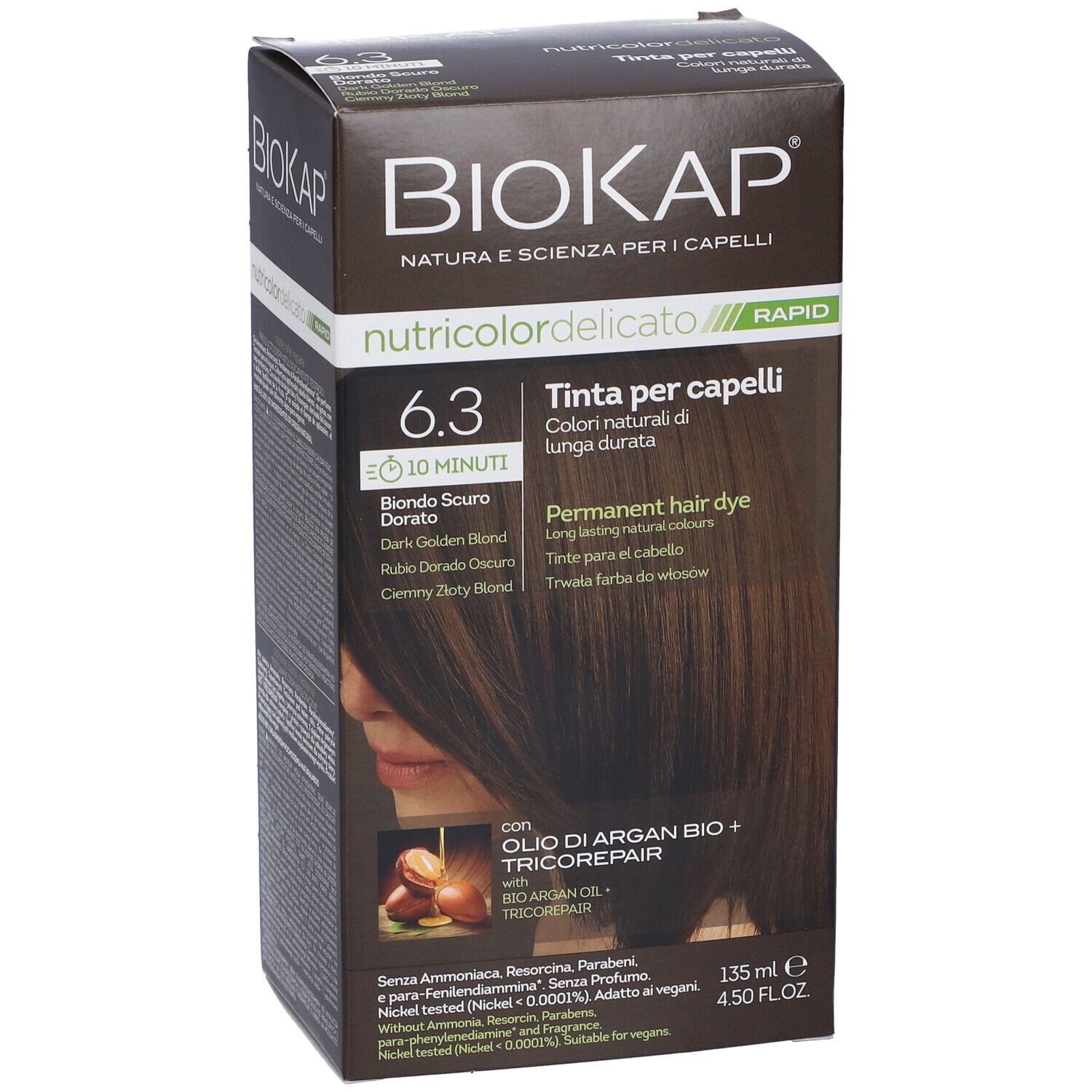 BIOKAP Nutricolor Delicato Rapid 6.3. Tinta per capelli in scatola. Biondo scuro dorato. Con olio di Argan e Tricorepair.