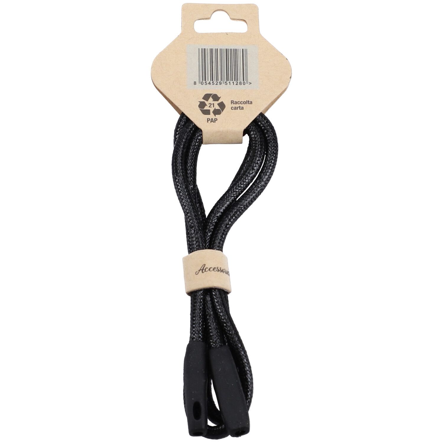 Retro del cordoncino nero per occhiali con confezione. Sulla confezione: 'CONTACTA Portaocchiali'.
