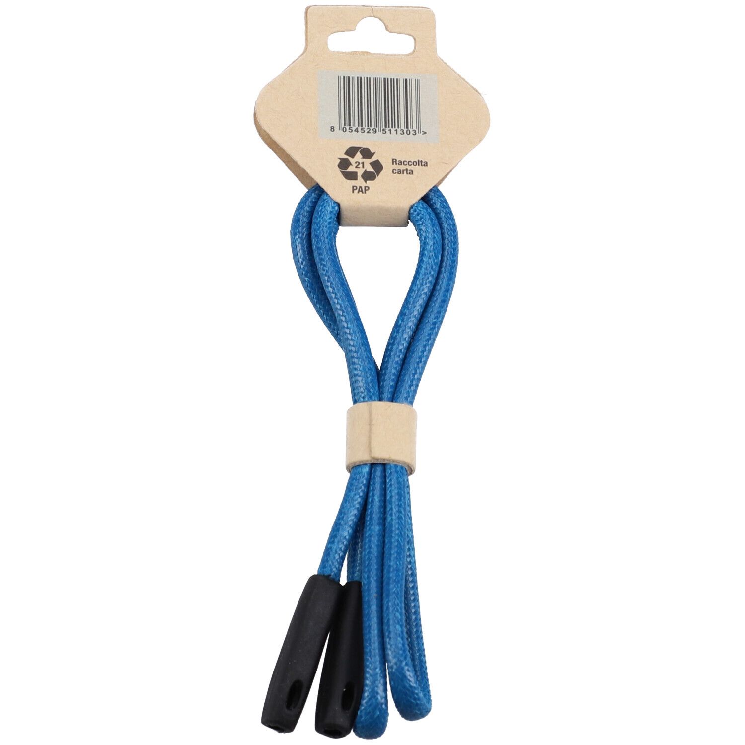 Retro del cordoncino blu per occhiali con estremità nere. Cartoncino.