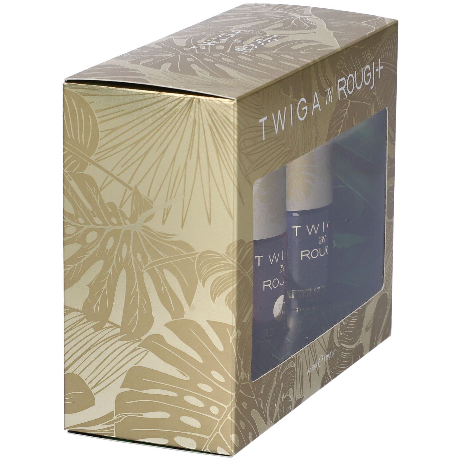 Confezione regalo, in diagonale. Finestra trasparente con due flaconi. Scritta: TWIGA BY ROUGJ+.