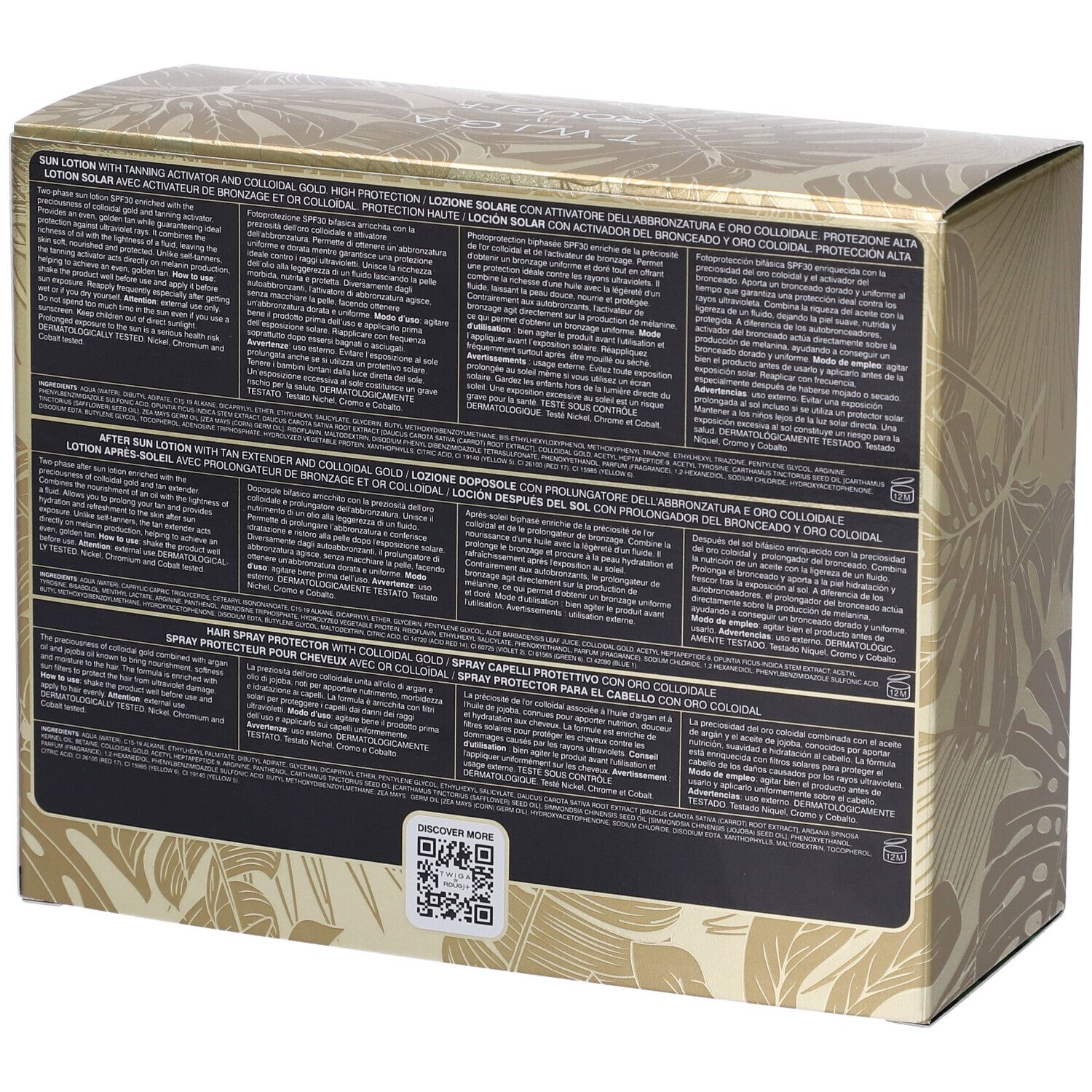 Retro della confezione regalo. Testo multilingue. Codice QR.