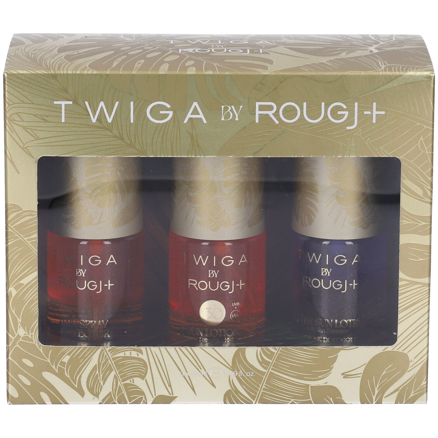 Confezione regalo con tre flaconi. Finestra trasparente. Scritta: TWIGA BY ROUGJ+.