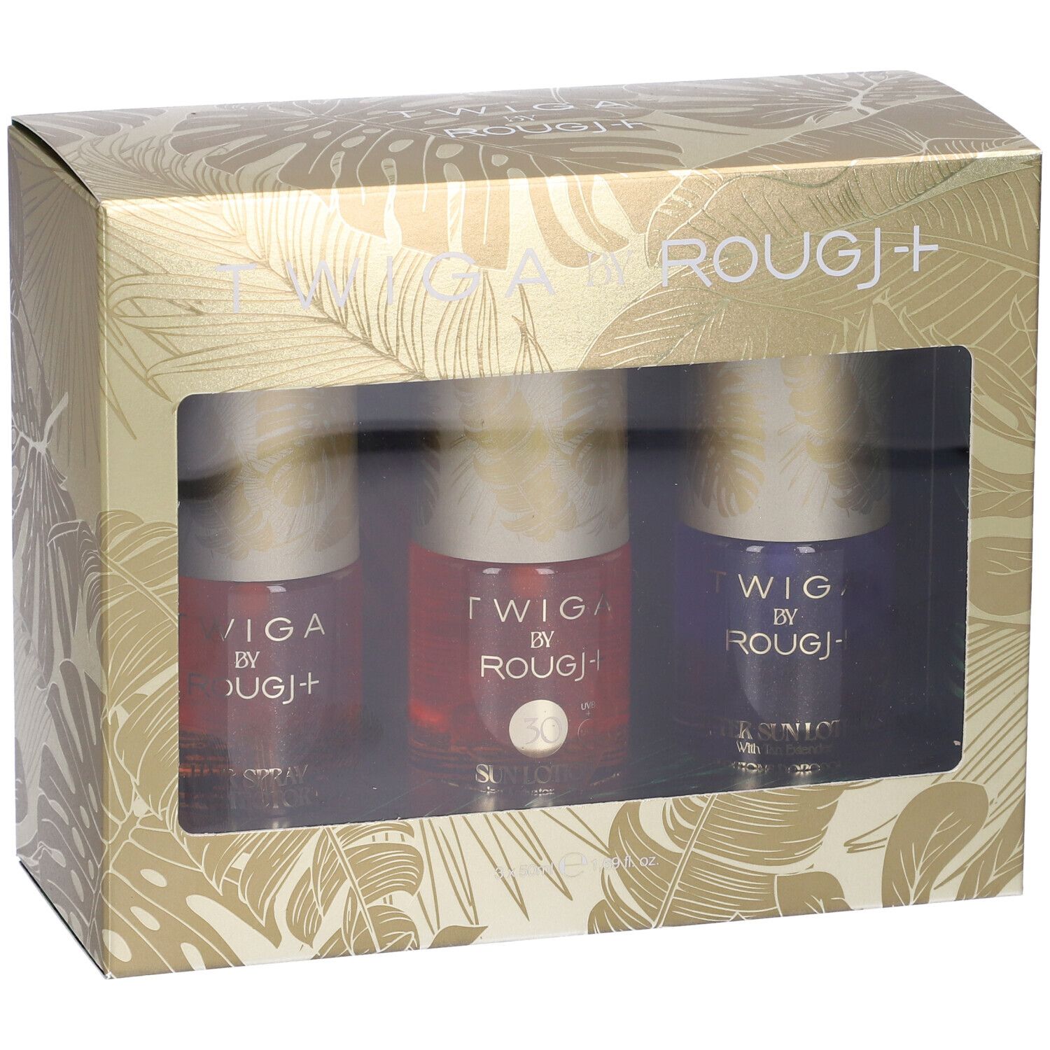 Confezione regalo con tre flaconi. Finestra trasparente. Scritta: TWIGA BY ROUGJ+.