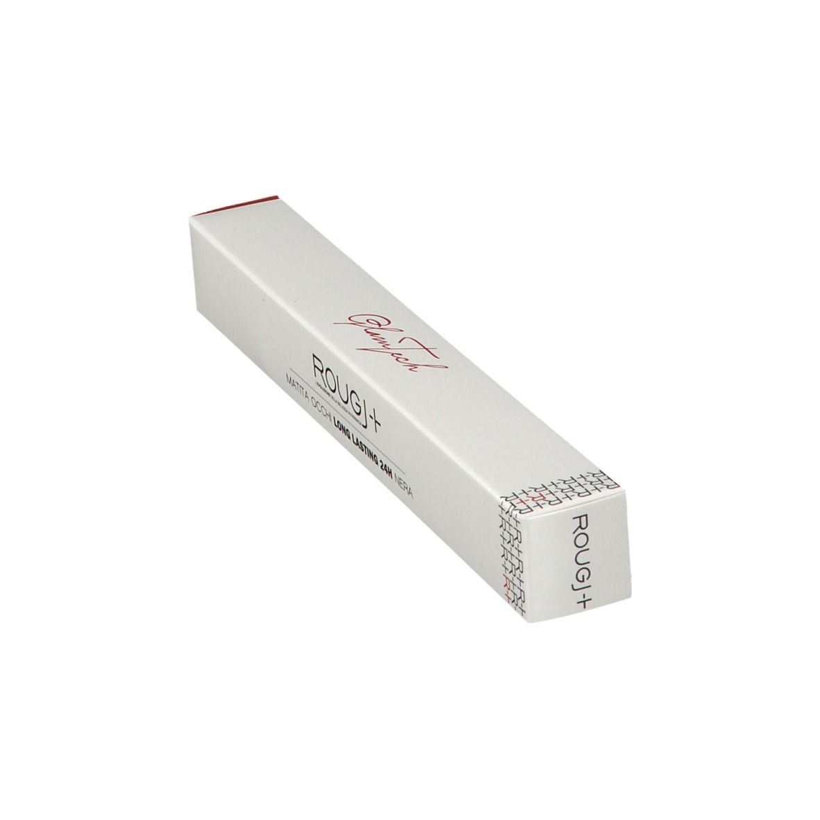 Confezione bianca allungata in diagonale. Scritta: Glamtech, ROUGJ+, MATITA OCCHI LONG LASTING 24H NERA. Sigillo.