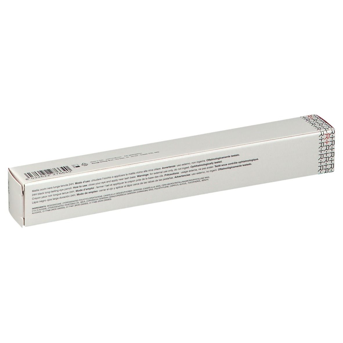 Retro di una confezione bianca allungata. Testo: Informazioni sul prodotto, ingredienti. Sigillo laterale.