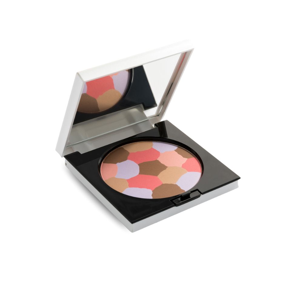 Cipria cosmetica in confezione nera con coperchio bianco e specchio. Cipria con forme irregolari colorate.