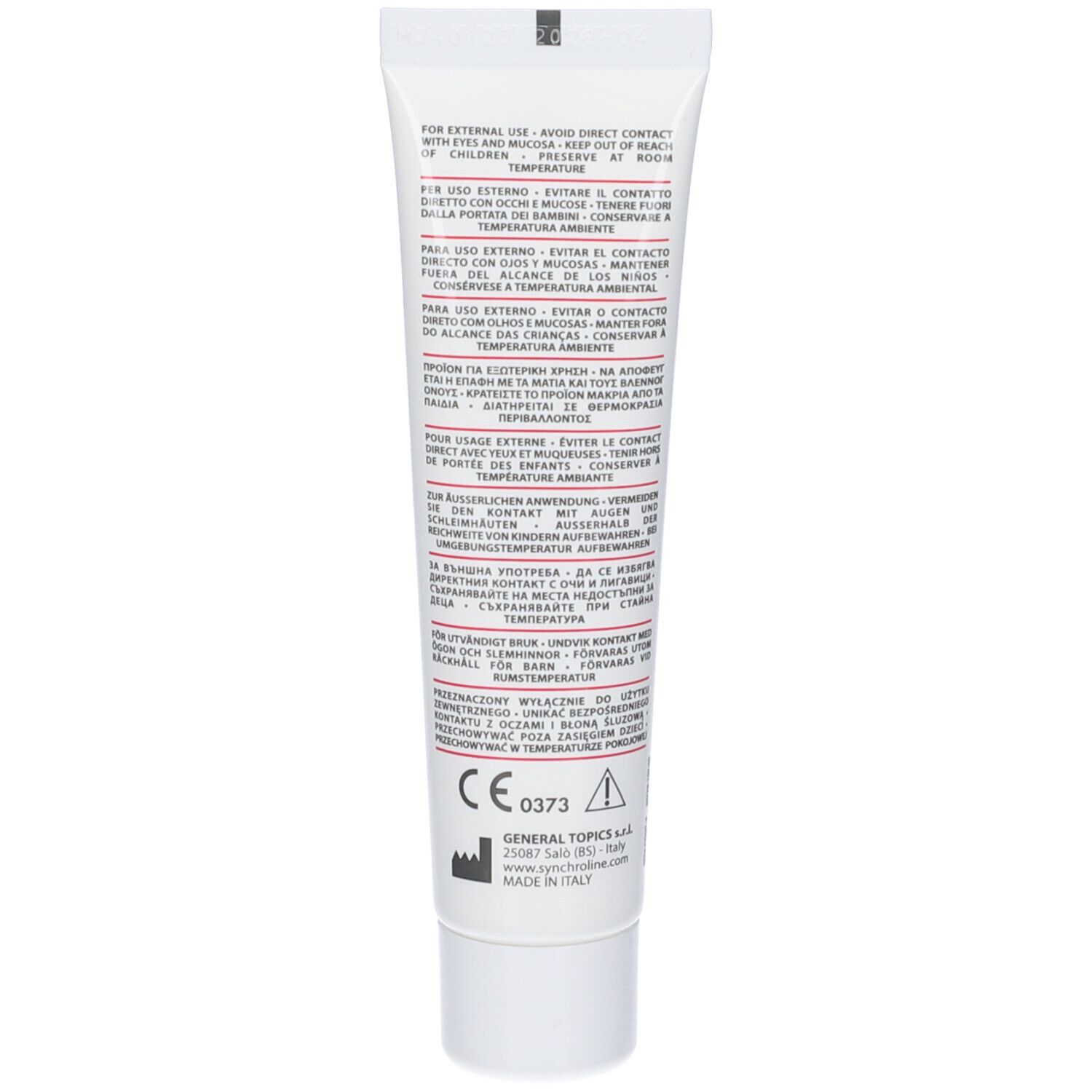 Retro del tubo di crema. Testo multilingue. Marchio CE e informazioni produttore.