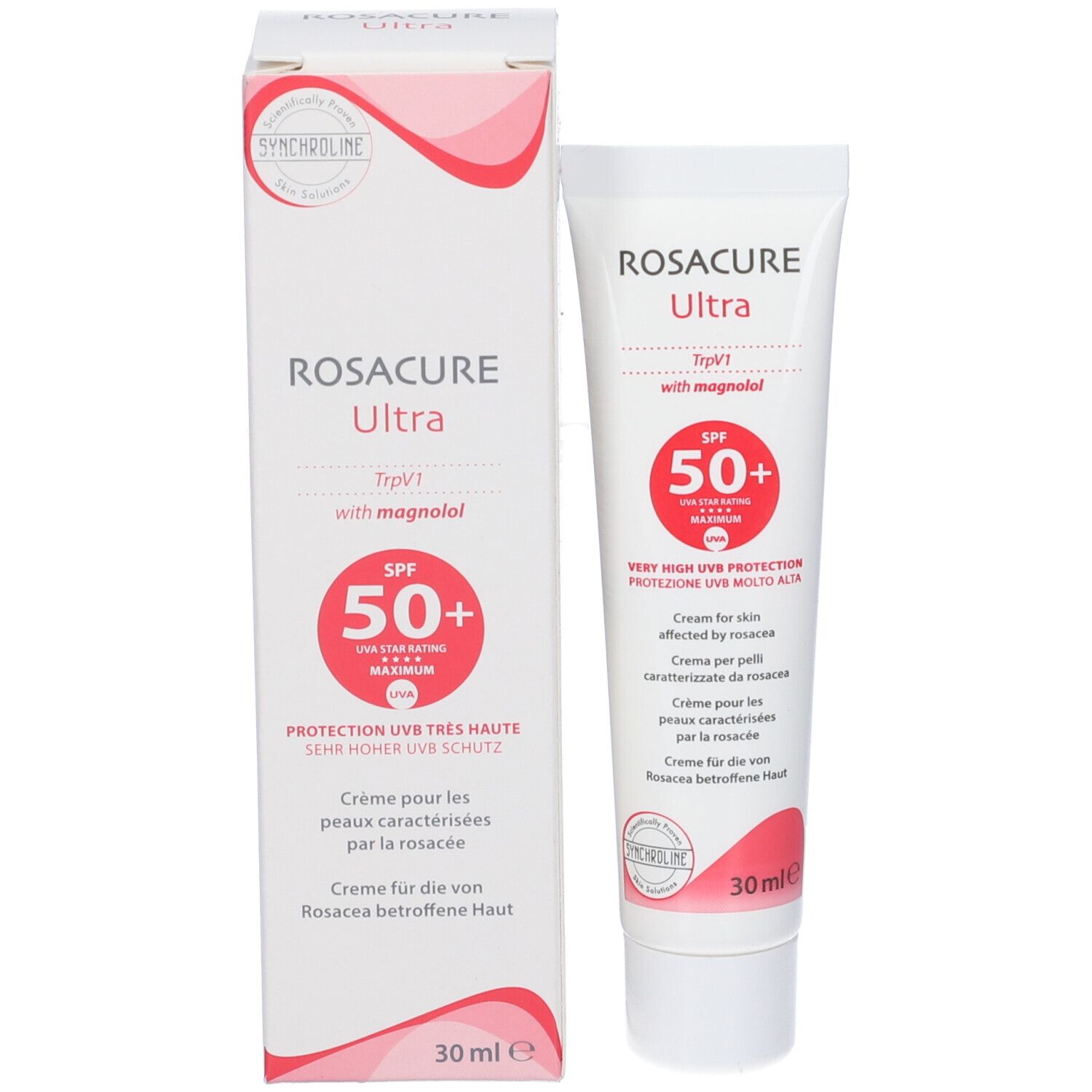 Crema Rosacure Ultra SPF50+ e confezione. Bianco, rosso. Testo: protezione UV, 30 ml. Con confezione.