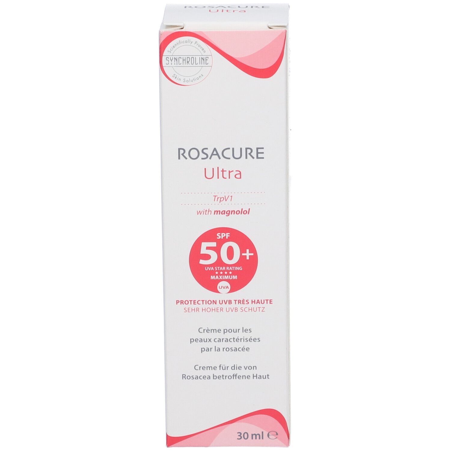 Confezione Rosacure Ultra SPF50+. Bianco, rosso. Testo: protezione UV, 30 ml. Confezione.