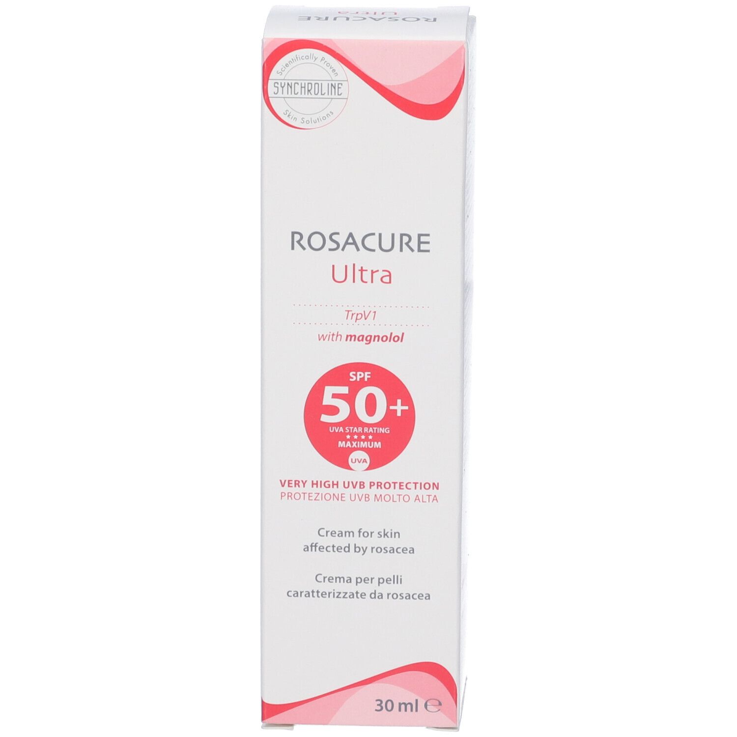 Confezione Rosacure Ultra SPF50+. Bianco, rosso. Testo: protezione UV, 30 ml. Confezione.