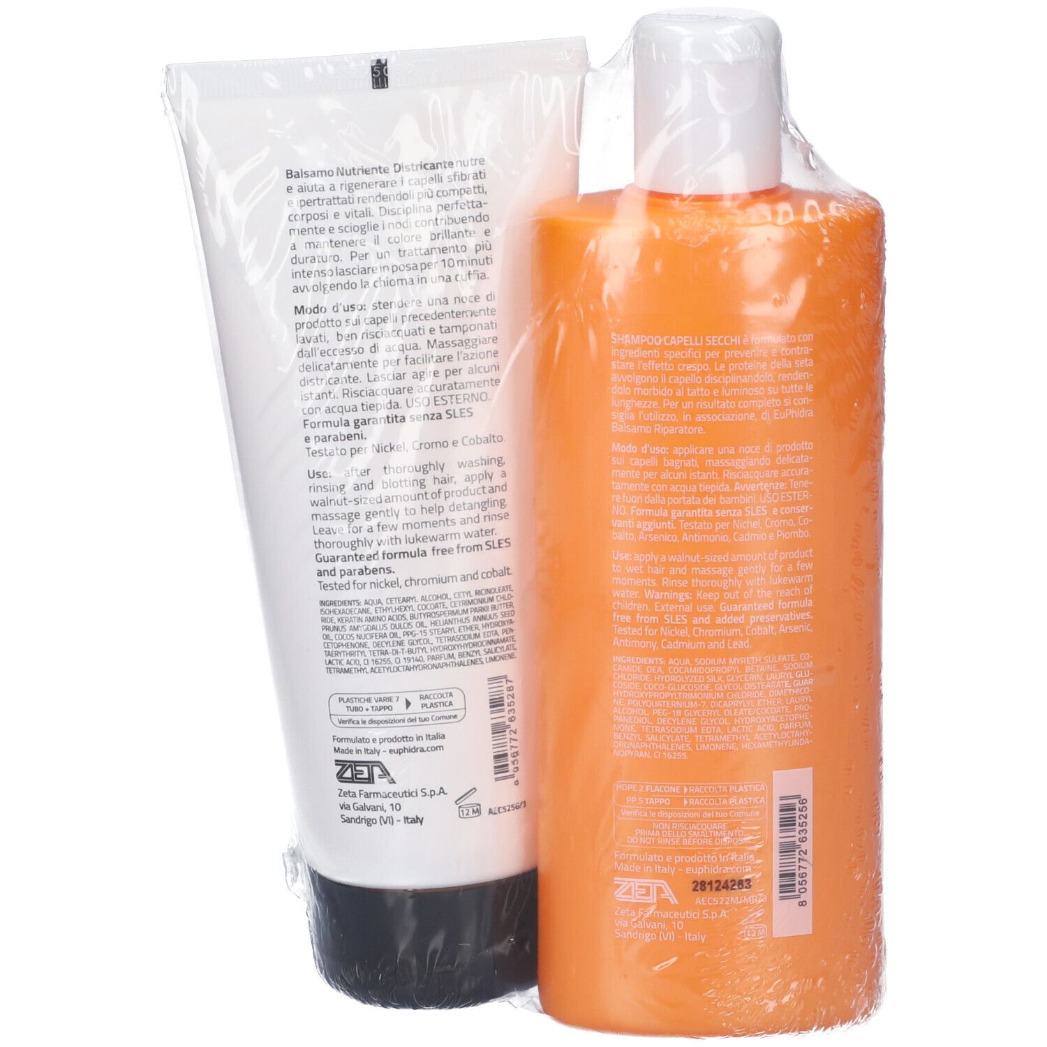 Retro di flaconi di shampoo e balsamo in pellicola. Testo e codice a barre sulle etichette. Produttore: Zeta Farmaceutici.