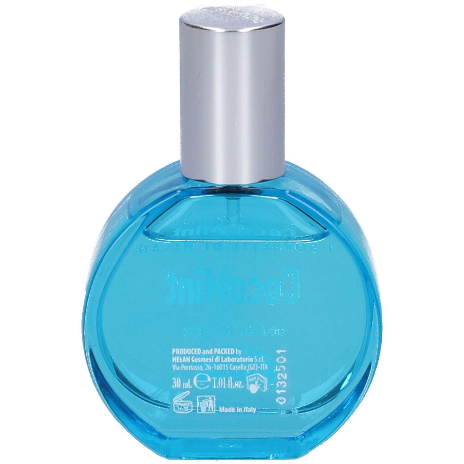 Confezione azzurra con motivo cocco. Scritta: CocoMint eau de toilette. Marchio: I SORBETTI DI HELAN.