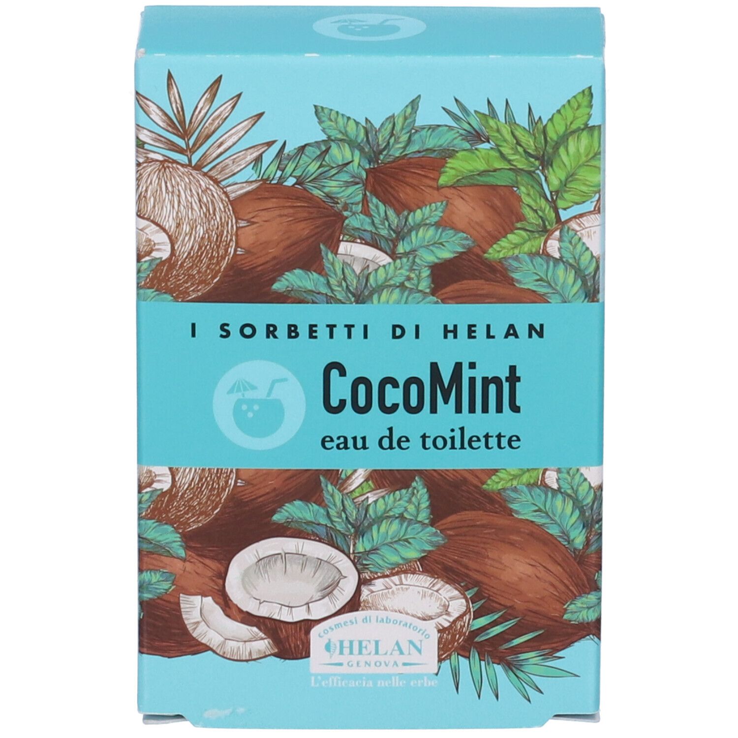 Confezione azzurra con motivo cocco. Scritta: CocoMint eau de toilette. Marchio: I SORBETTI DI HELAN.
