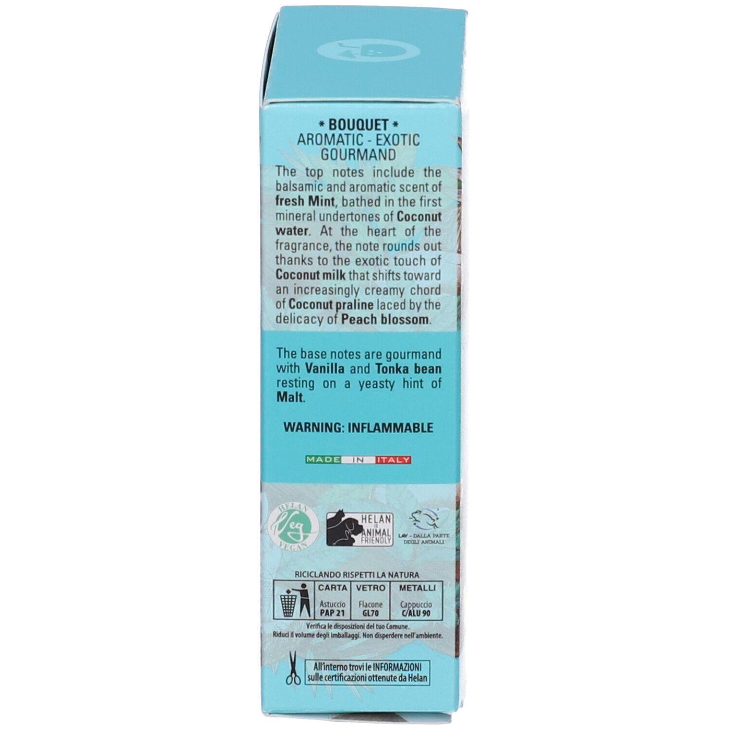 Testo della confezione. Descrive le note olfattive: menta, acqua di cocco, pralina di cocco, vaniglia, fava tonka, malto. Attenzione: Infiammabile. 30 ml.