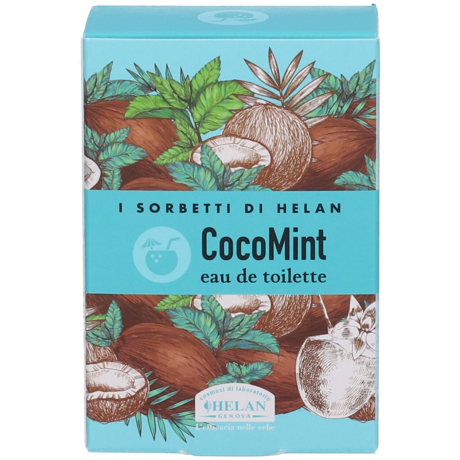 Confezione azzurra con motivo cocco. Scritta: CocoMint eau de toilette. Marchio: I SORBETTI DI HELAN.