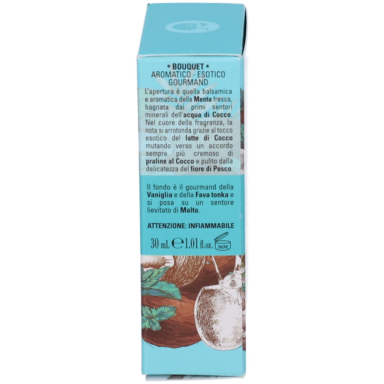 Testo della confezione. Descrive le note olfattive: menta, acqua di cocco, pralina di cocco, vaniglia, fava tonka, malto. Attenzione: Infiammabile. 30 ml.