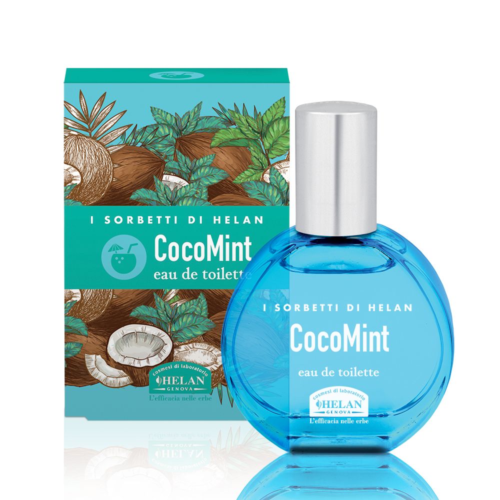 Flacone azzurro e confezione. Scritta: CocoMint eau de toilette. Marchio: I SORBETTI DI HELAN. Confezione con motivo cocco.