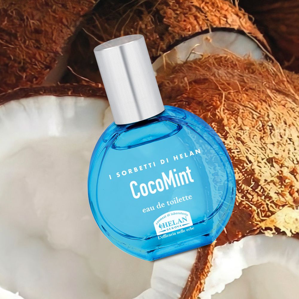 Flacone azzurro con tappo argentato davanti a noci di cocco. Scritta: CocoMint eau de toilette. Marchio: I SORBETTI DI HELAN.