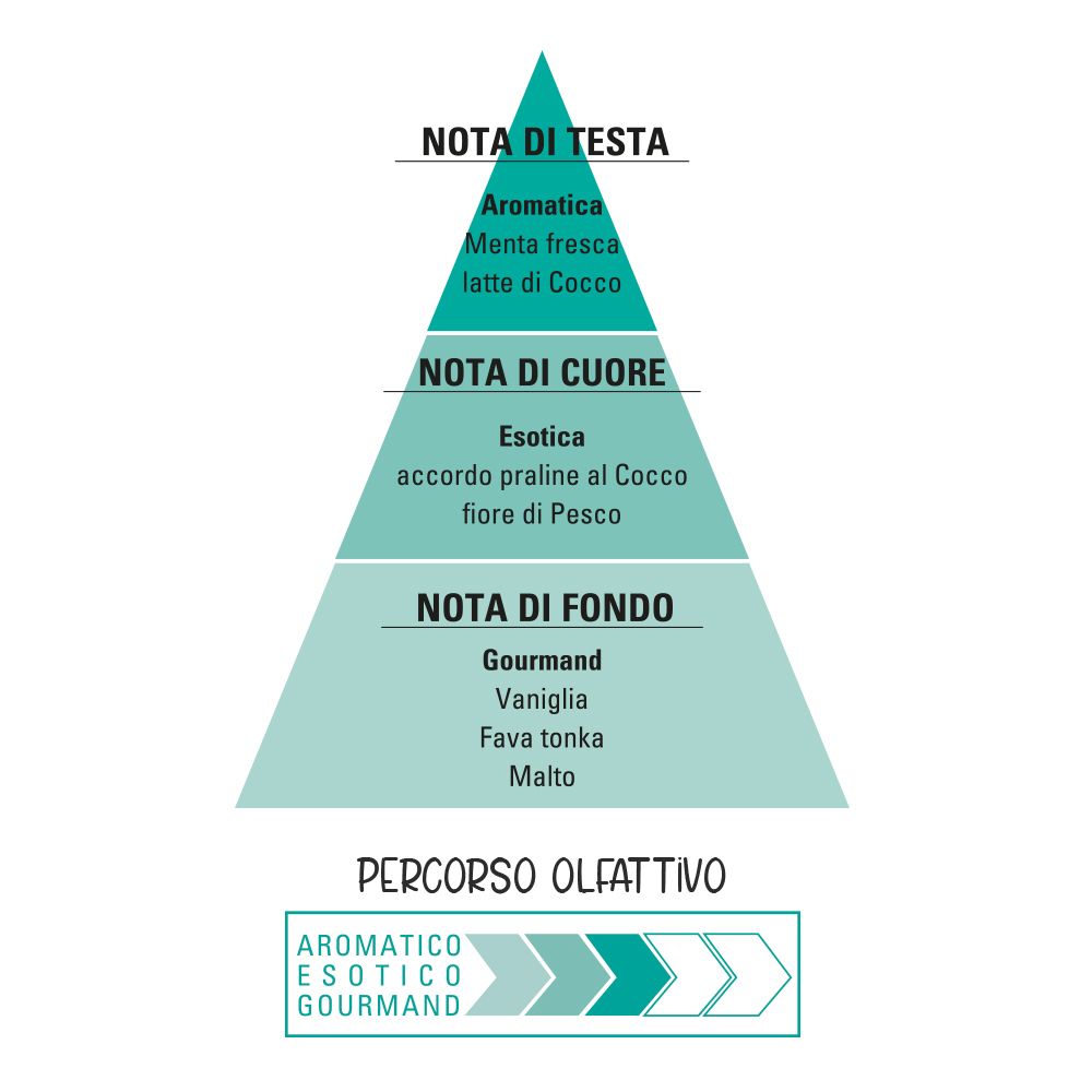 Piramide con note olfattive: testa, cuore, fondo. Profumo aromatico, esotico e gourmand.