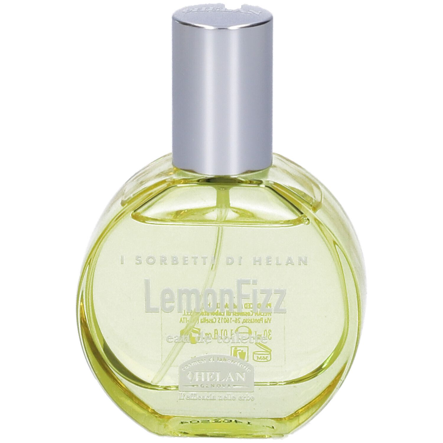 Flacone rotondo con tappo argentato. Scritta: LemonFizz Eau de Toilette. Retro con informazioni.