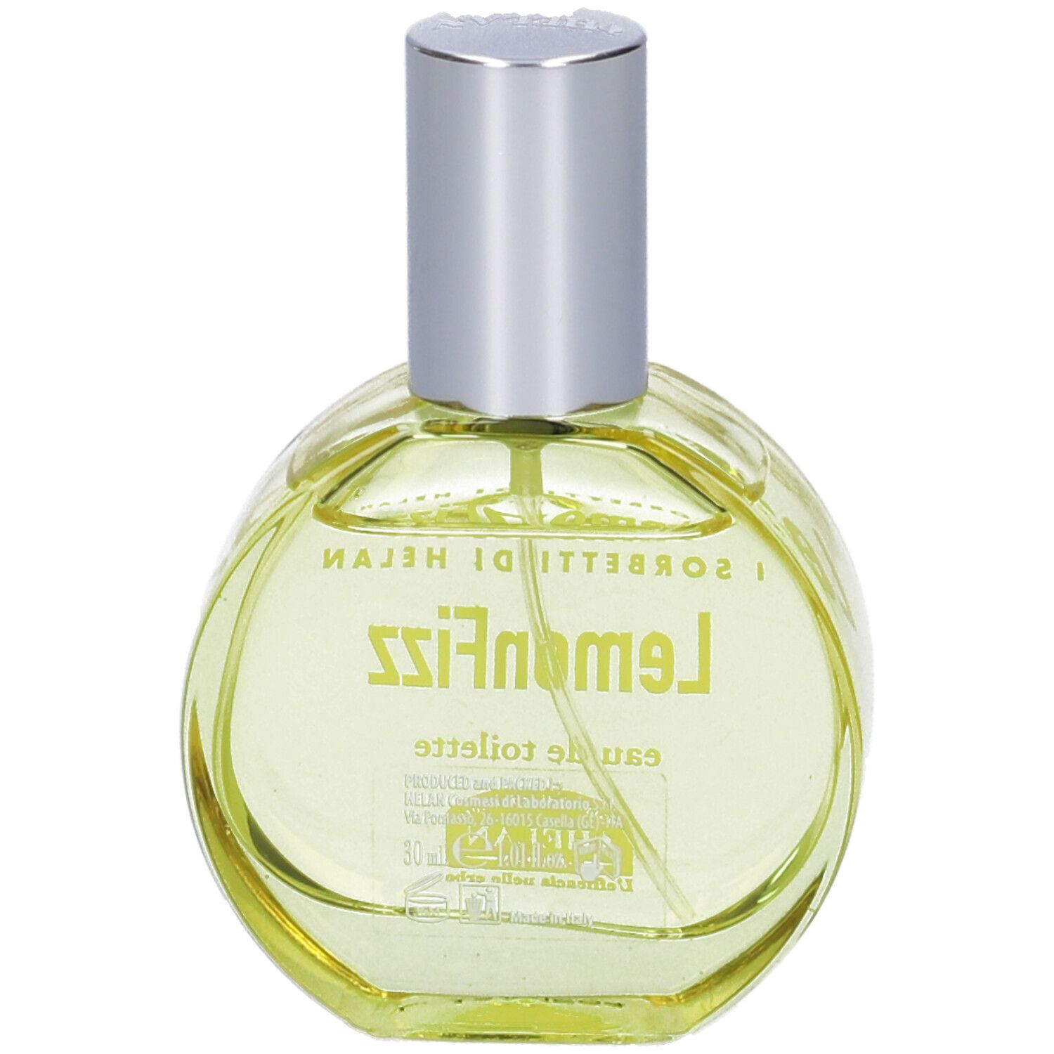Flacone rotondo con tappo argentato. Scritta: LemonFizz Eau de Toilette. Retro con informazioni.
