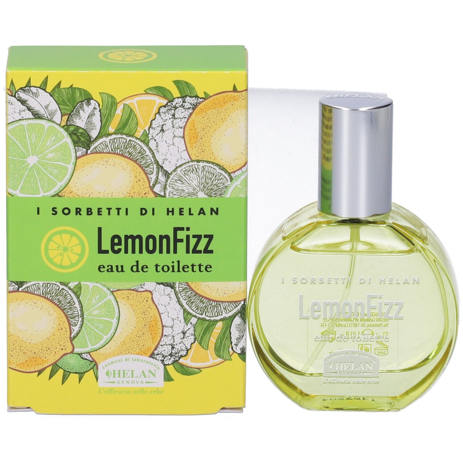 Flacone e confezione. Confezione con motivo limone e lime. Scritta: LemonFizz Eau de Toilette.