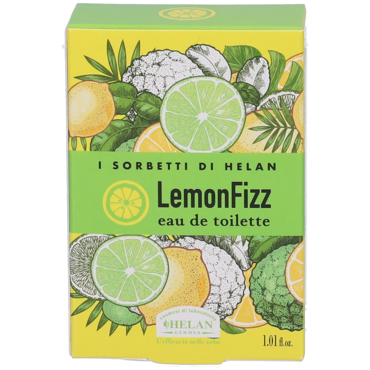 Confezione con motivo limone e lime. Scritta: LemonFizz Eau de Toilette. Volume: 1.01 fl.oz.