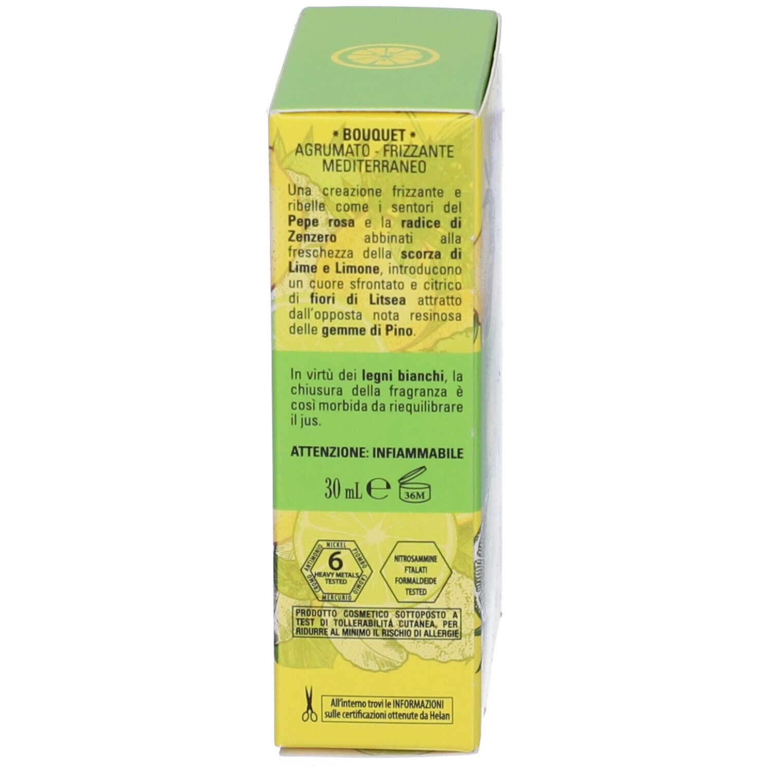Confezione, vista laterale. Testo sulle note olfattive e gli ingredienti. Volume: 30 ml. Avvertenza: Infiammabile.