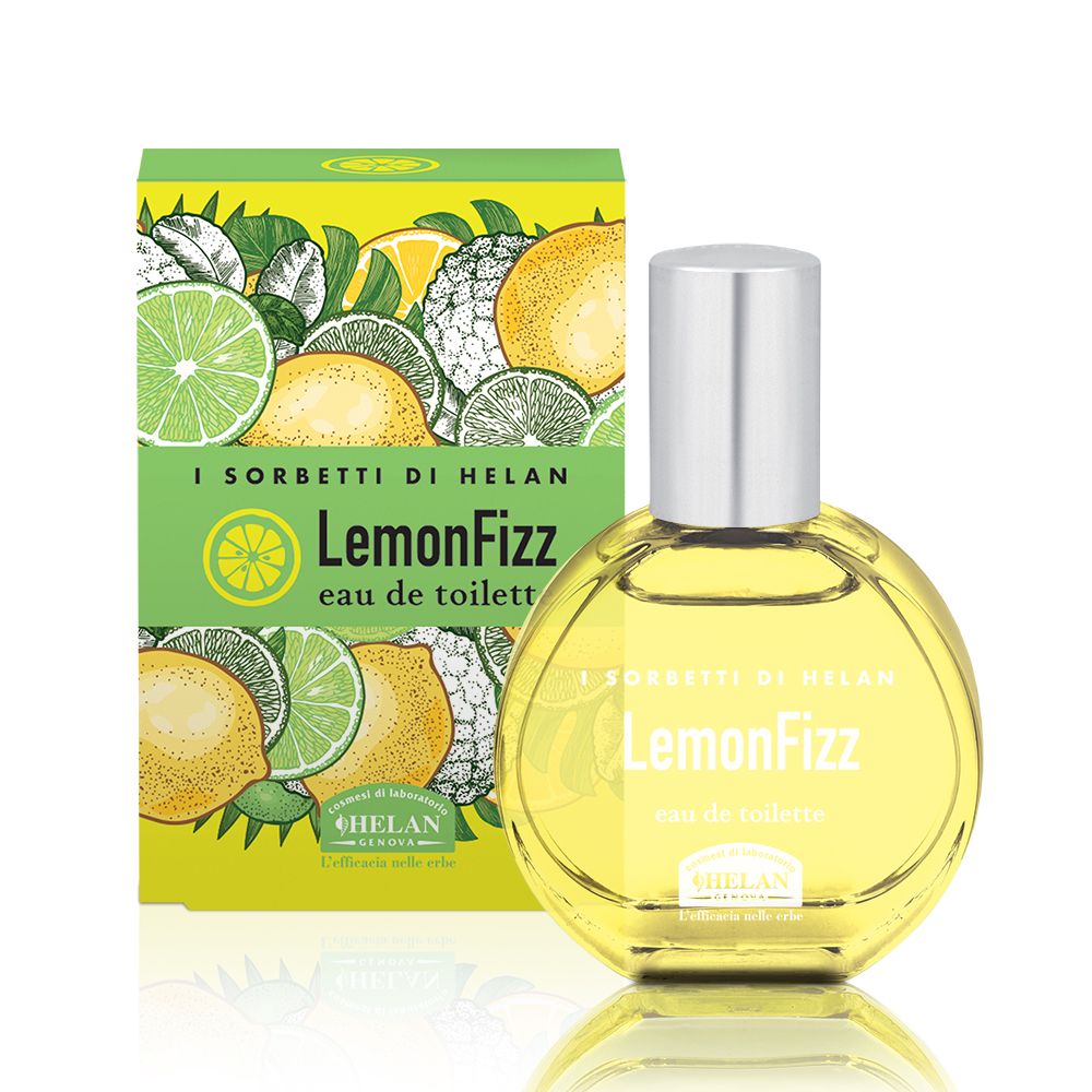Flacone e confezione. Confezione con motivo limone e lime. Scritta: LemonFizz Eau de Toilette.