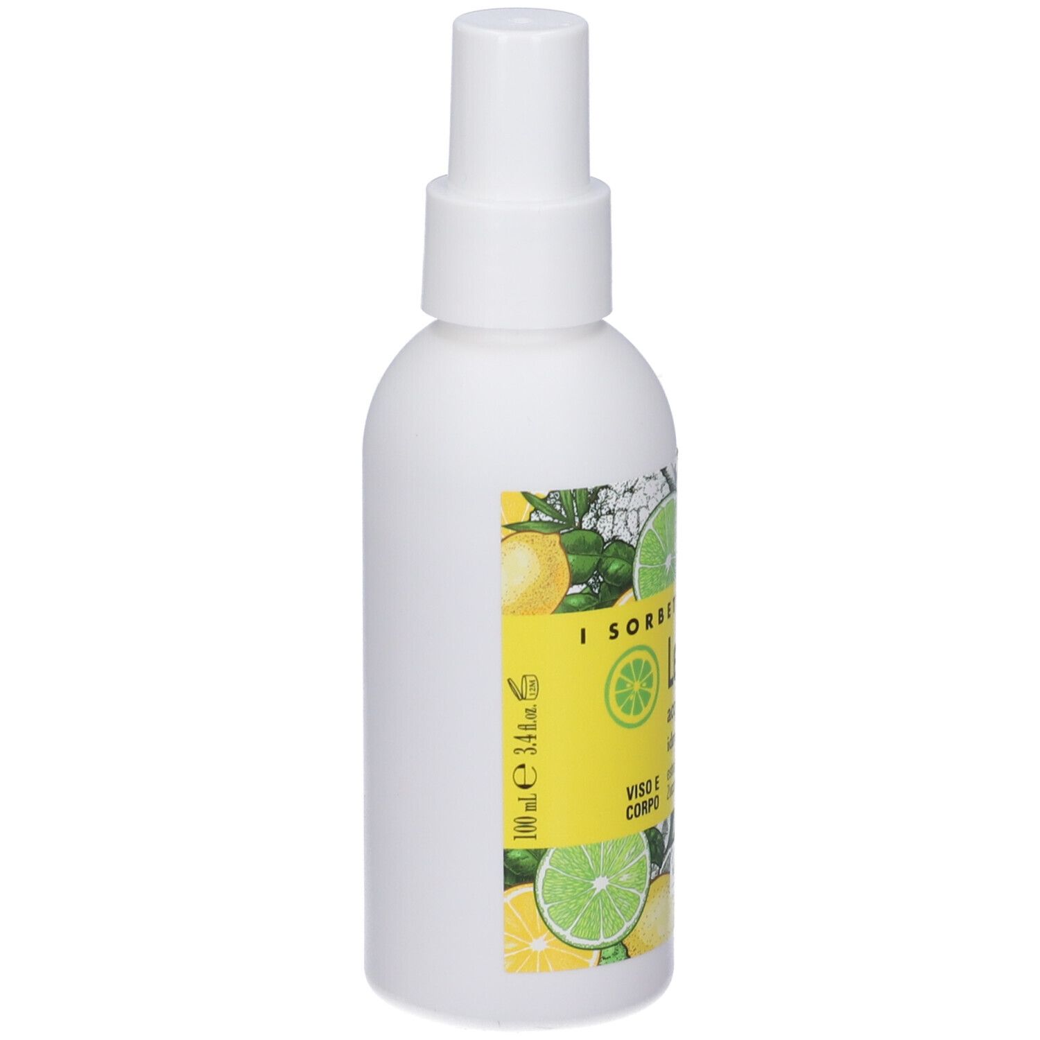 Flacone spray bianco con etichetta gialla. Scritta: LemonFizz, acqua profumata spray. Sul lato: 100 ml.