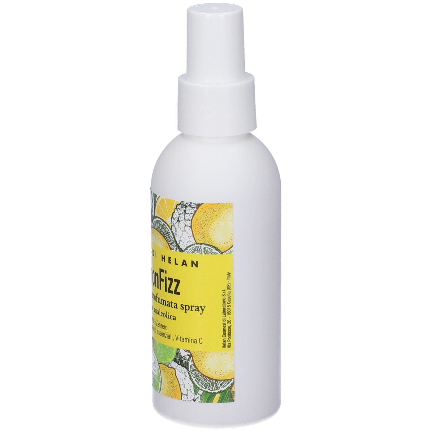 Flacone spray bianco con etichetta gialla. Scritta: LemonFizz, acqua profumata spray. Illustrazione di limoni e lime.