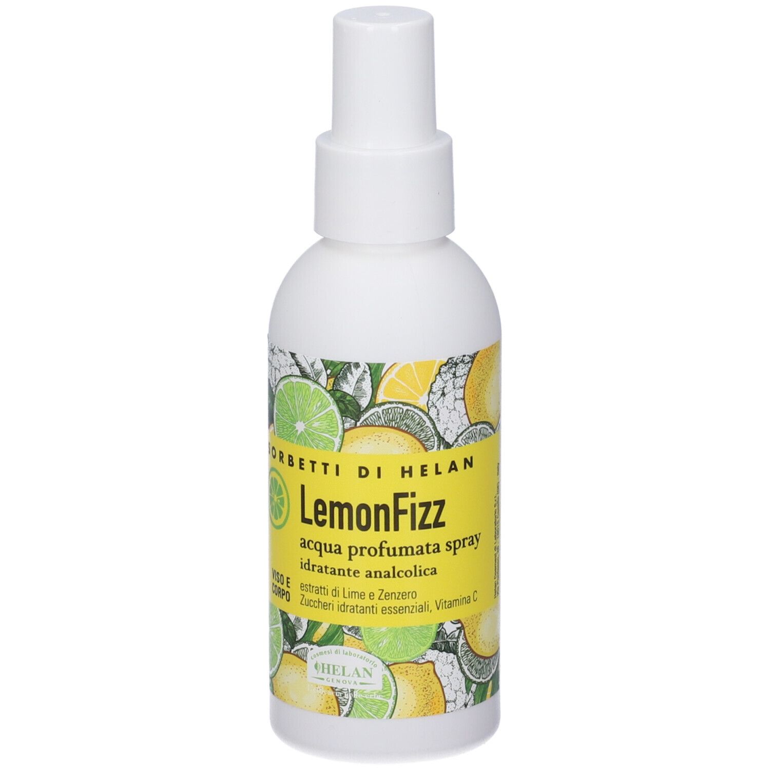 Flacone spray bianco con etichetta gialla. Scritta: LemonFizz, acqua profumata spray. Illustrazione di limoni e lime.