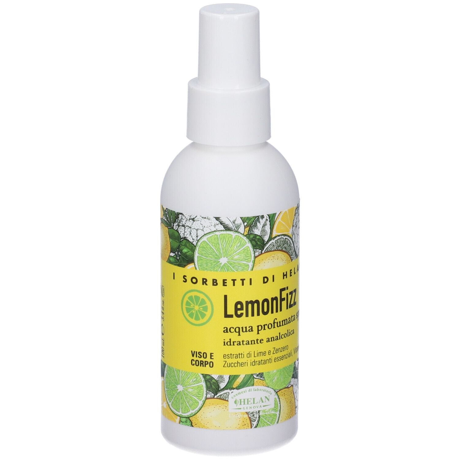 Flacone spray bianco con etichetta gialla. Scritta: LemonFizz, acqua profumata spray. Illustrazione di limoni e lime.