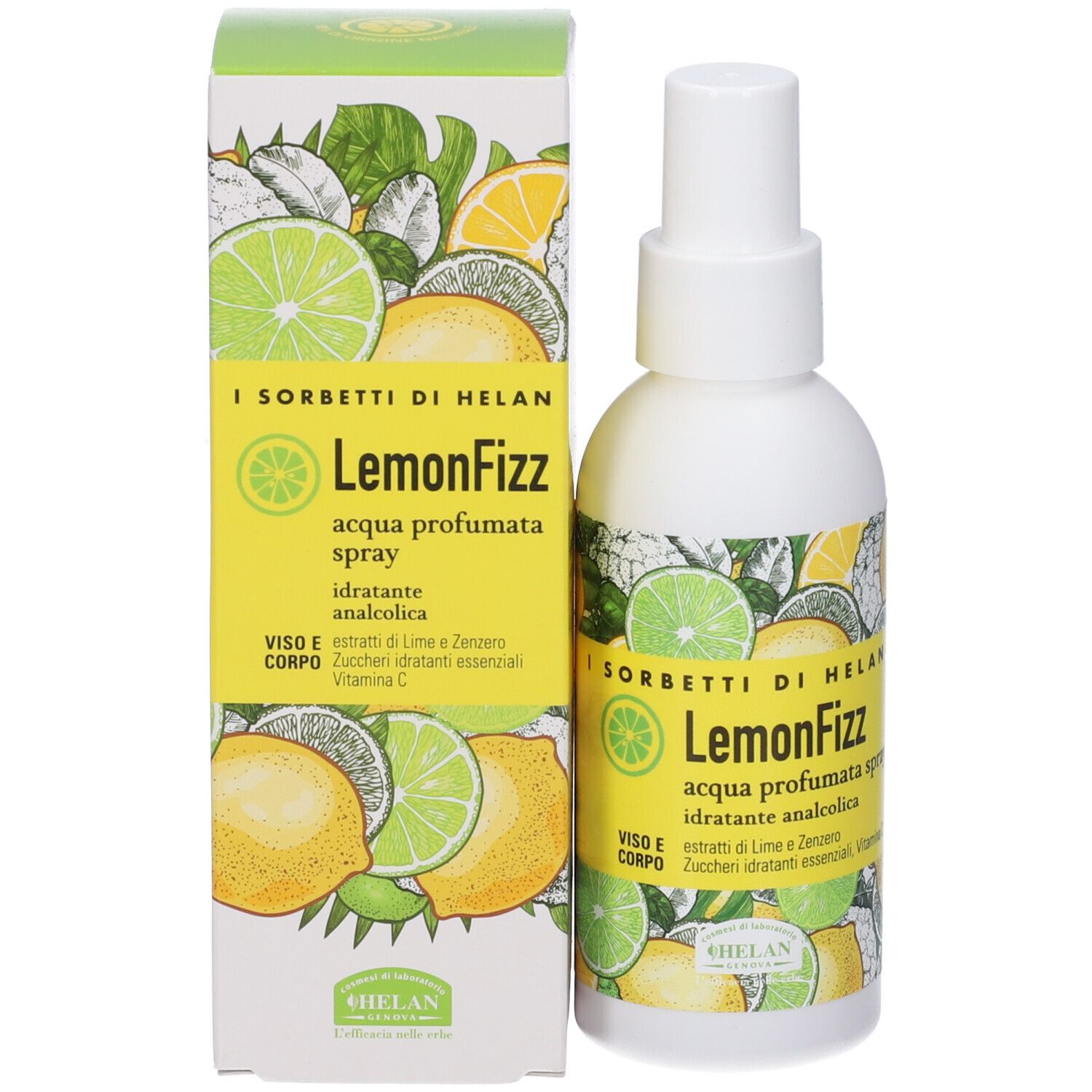Flacone spray bianco e scatola. Scritta: LemonFizz, acqua profumata spray. Illustrazione di limoni e lime.