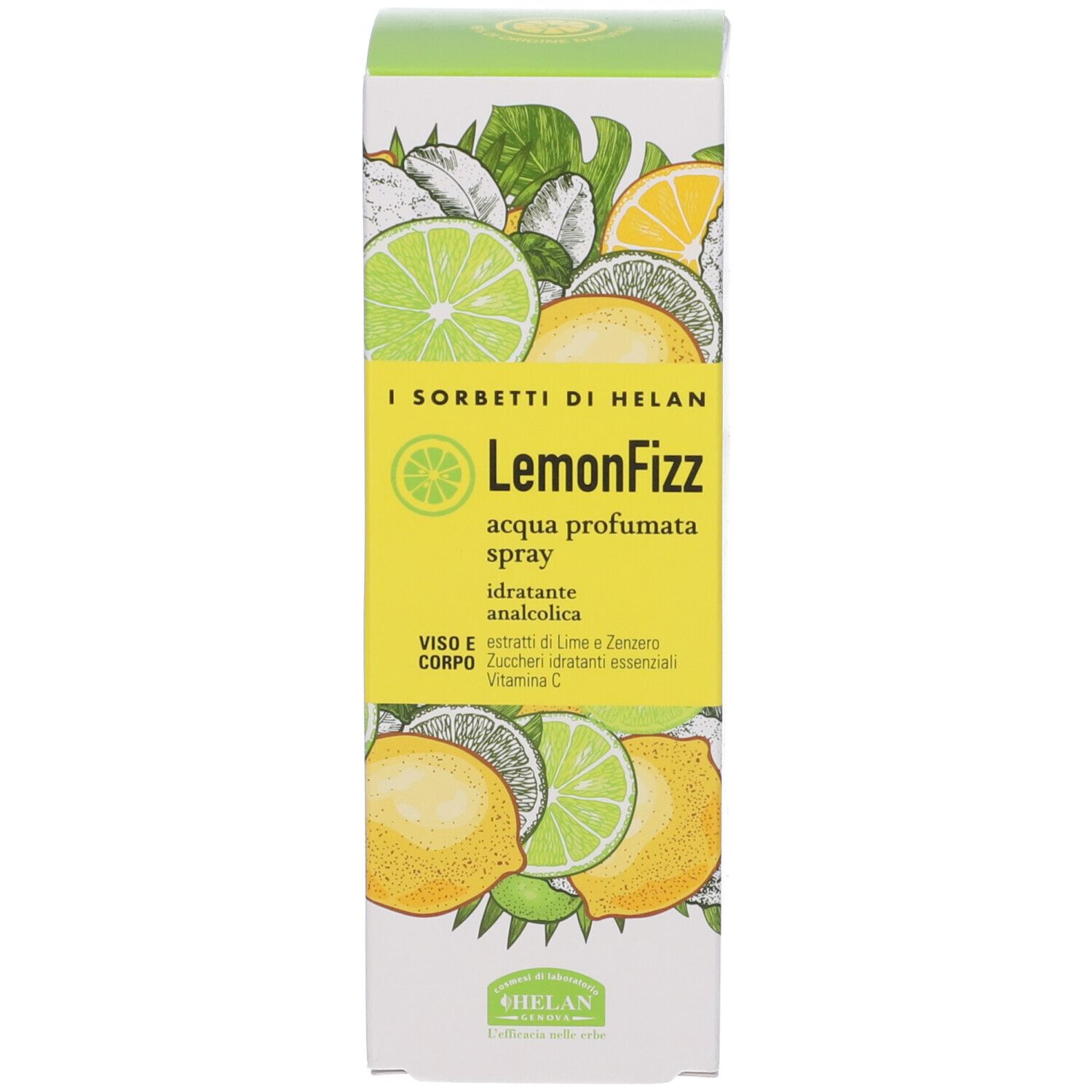 Scatola con scritta: LemonFizz, acqua profumata spray. Illustrazione di limoni e lime. Marchio: Helan.