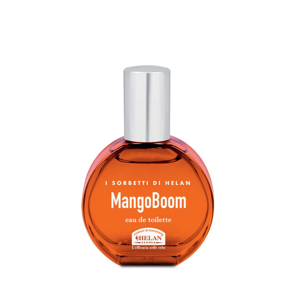 Flacone rotondo con tappo argentato. Scritta: MangoBoom Eau de Toilette. Marchio: Helan.