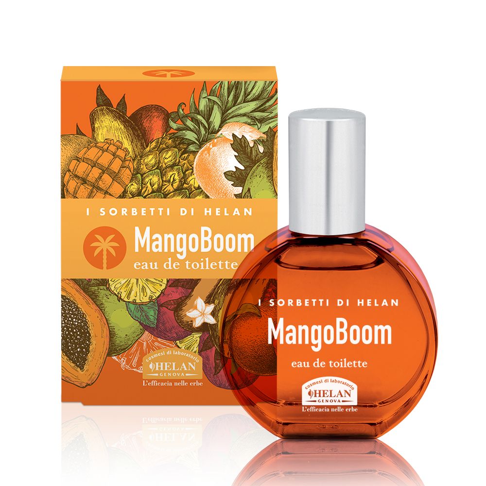 Flacone e confezione MangoBoom Eau de Toilette. Confezione con illustrazioni di frutta. Marchio: Helan.