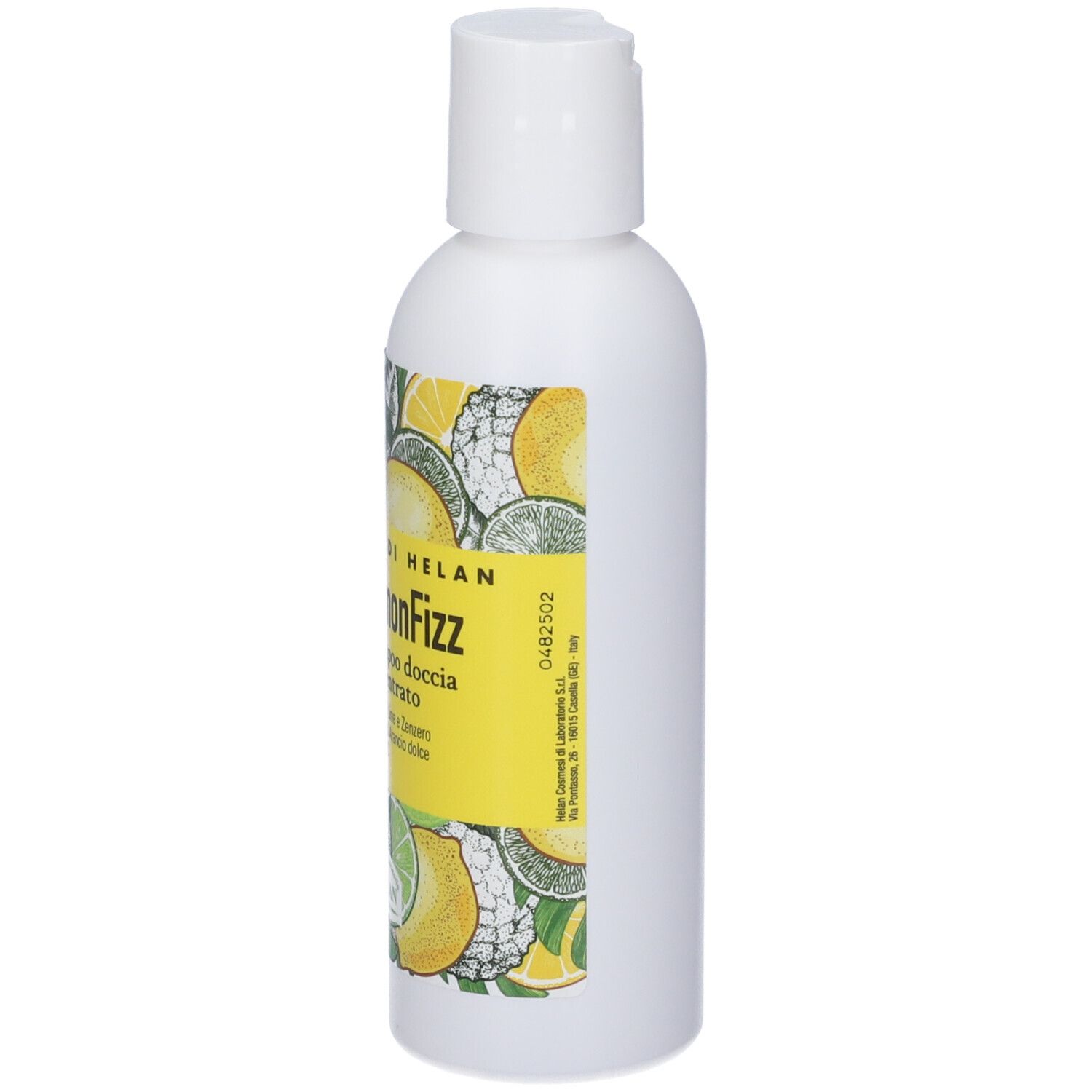 Flacone bianco con etichetta gialla raffigurante limoni e lime. Nome prodotto: Lemon Fizz.