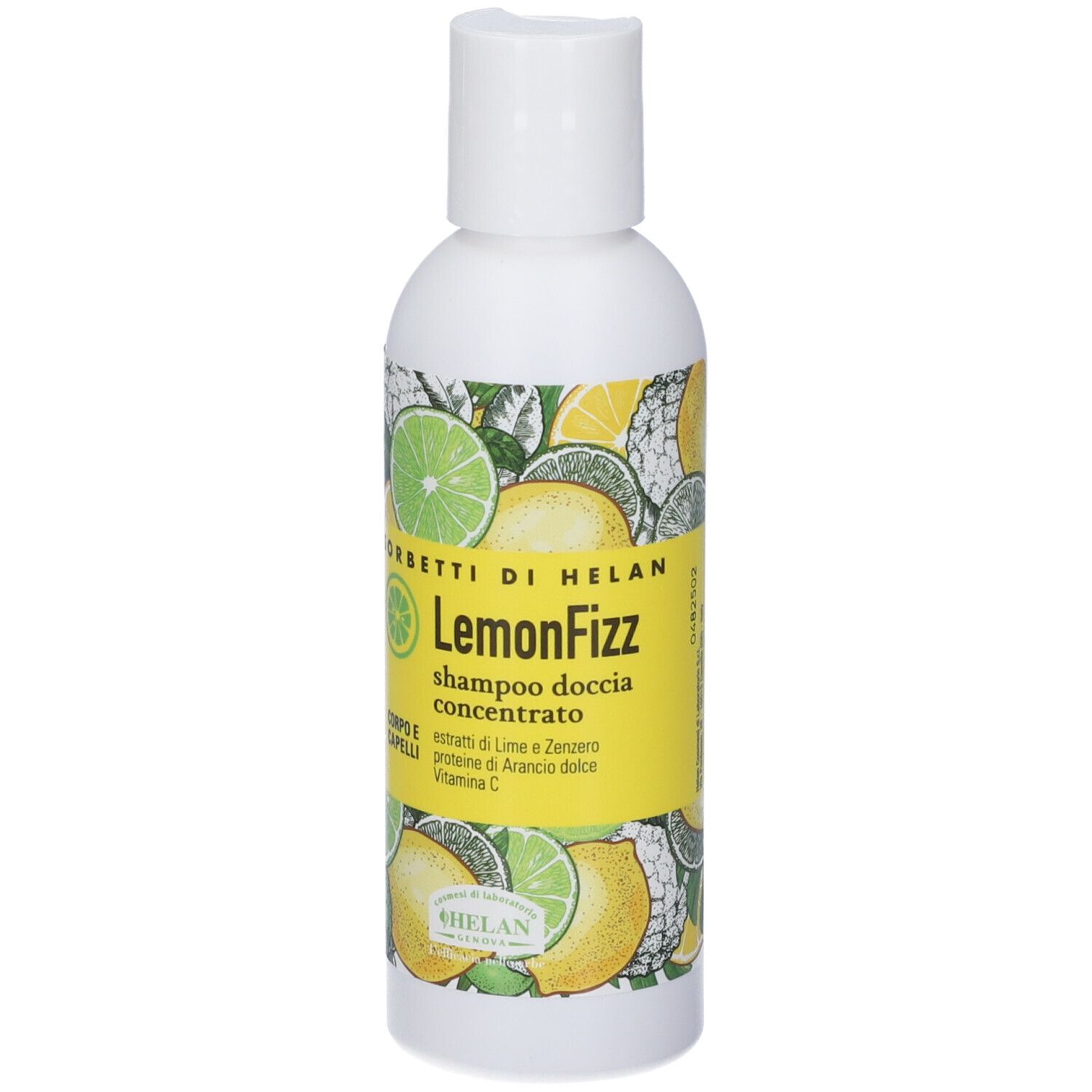 Flacone bianco con etichetta gialla raffigurante spicchi di limone e lime. Sull'etichetta è stampato "LemonFizz Shampoo Doccia Concentrato".