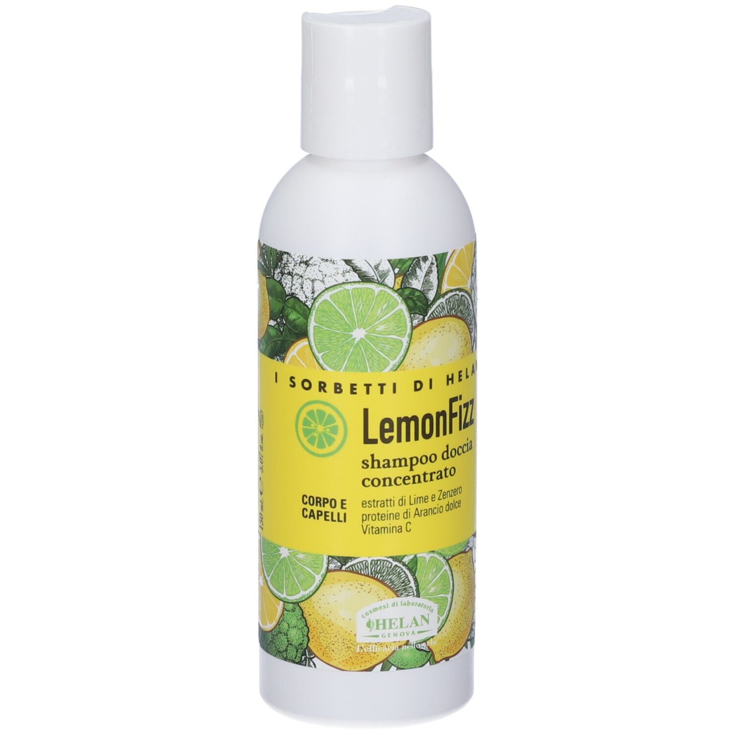 Flacone bianco con decorazione di agrumi, etichetta "LemonFizz Shampoo Doccia Concentrato".