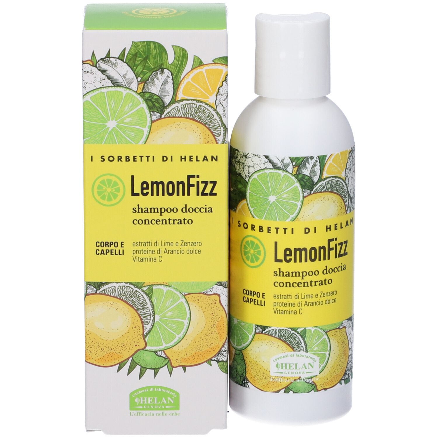 Sfondo: Una bottiglia e una scatola di concentrato shampoo doccia "LemonFizz". Decorato con fette di limone e lime.