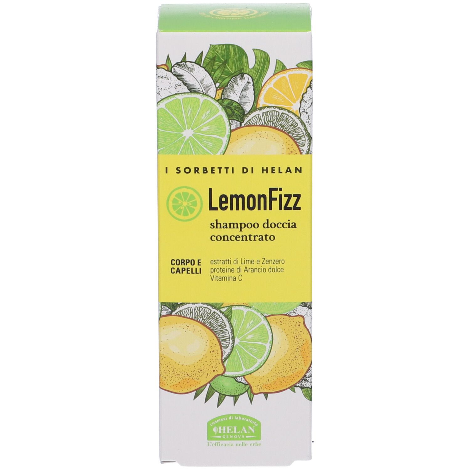 Sfondo: Scatola di cartone per "LemonFizz" Shampoo Doccia Concentrato di HELAN con agrumi.