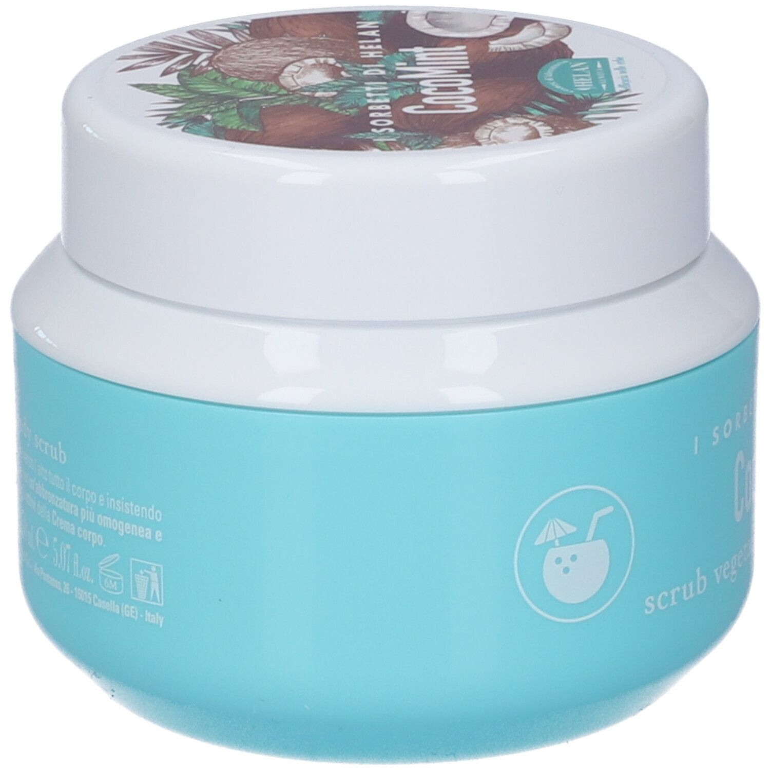 Vasetto turchese con coperchio bianco. Scritta: CocoMint, scrub vegetale esfoliante corpo. Logo: cocco con cannuccia.
