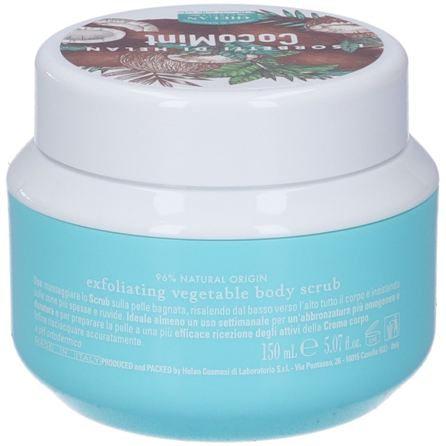 Vasetto turchese con coperchio bianco. Scritta: CocoMint, scrub vegetale esfoliante corpo. Testo: 96% NATURAL ORIGIN. 150 ml.