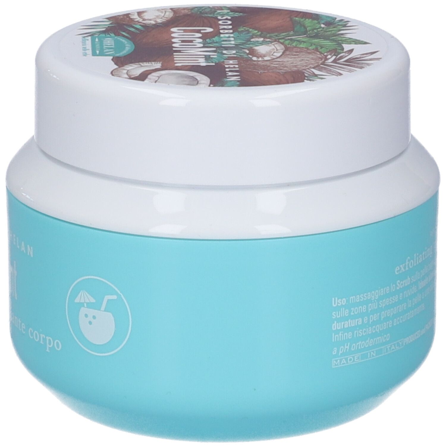 Vasetto turchese con coperchio bianco. Scritta: CocoMint, scrub vegetale esfoliante corpo. Logo: cocco con cannuccia.