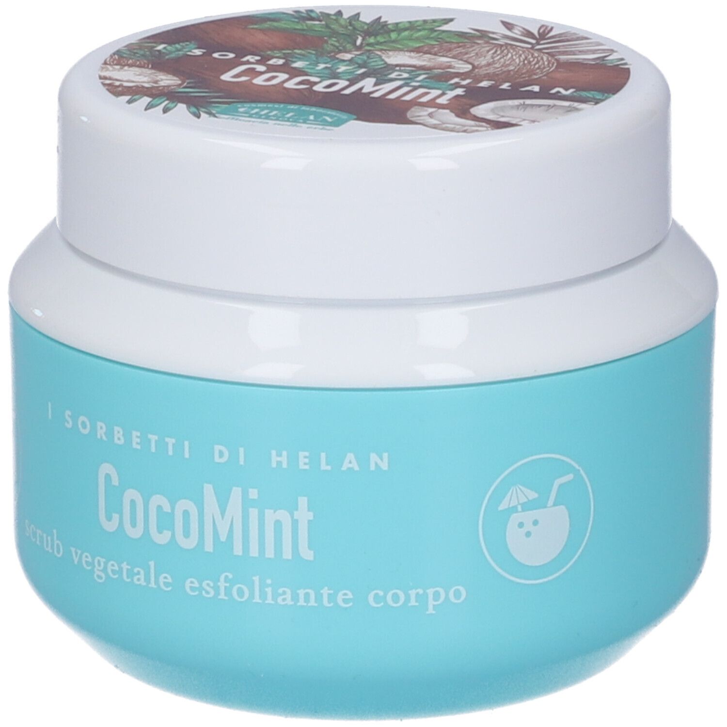 Vasetto turchese con coperchio bianco. Scritta: CocoMint, scrub vegetale esfoliante corpo. Logo: cocco con cannuccia.