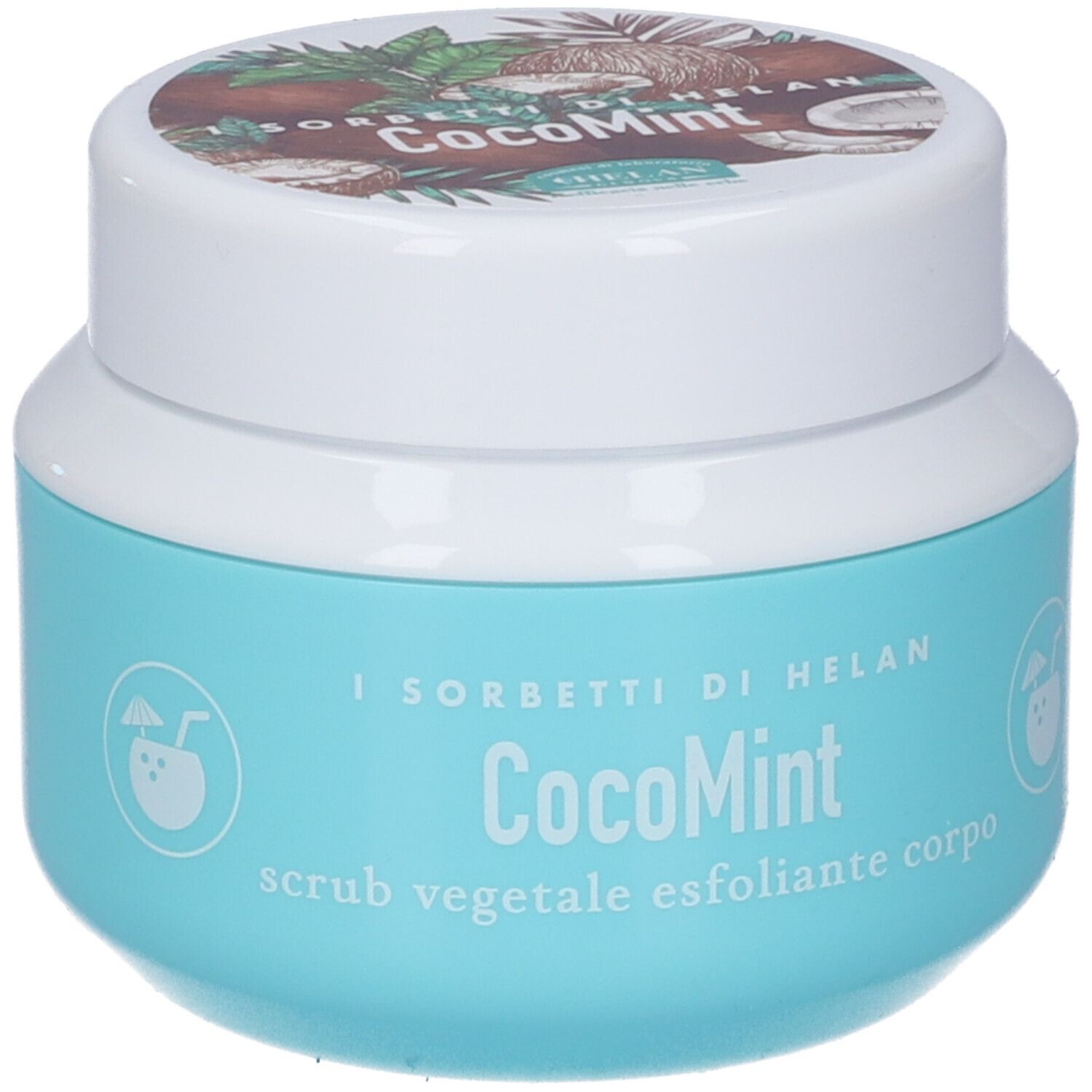 Vasetto turchese con coperchio bianco. Scritta: CocoMint, scrub vegetale esfoliante corpo. Logo: cocco con cannuccia.